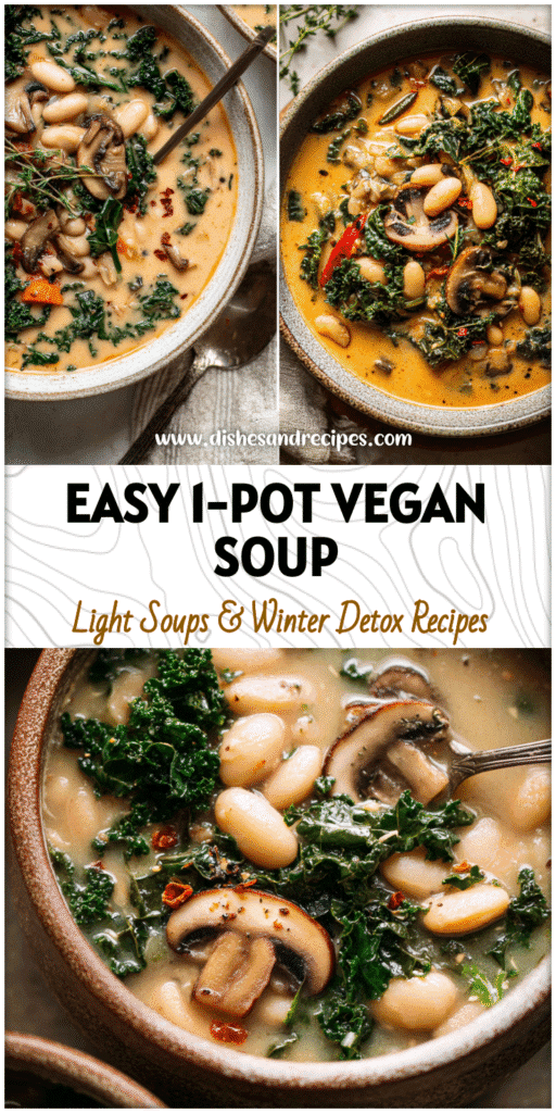 A bowl of Creamy Tuscan White Bean And Kale Soup with mushrooms and kale, a cozy Vegan White Bean Soup.